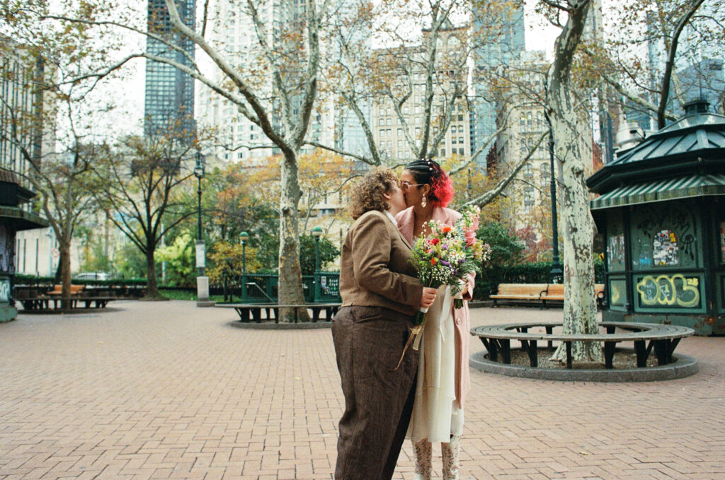 film photo of couple outside of manhattan municipal buildings, stef reyes photo