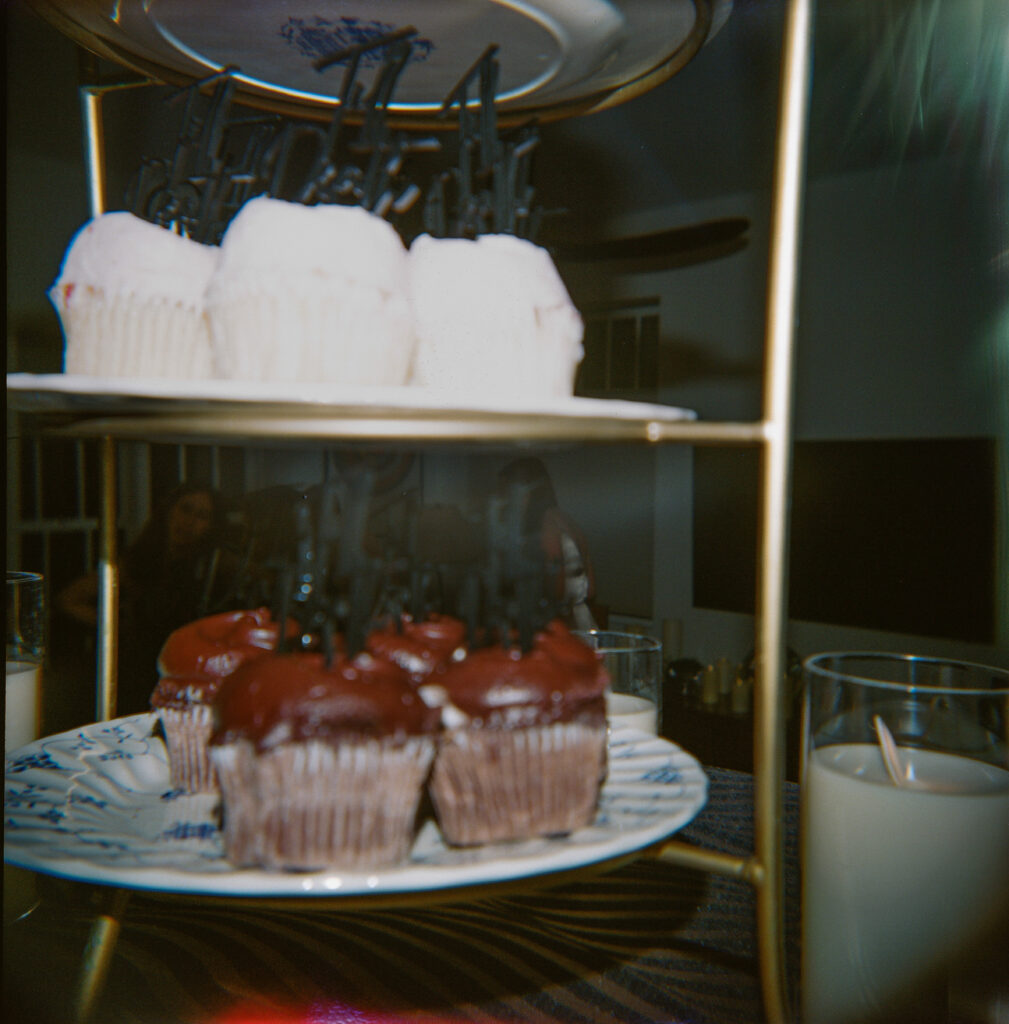 film photo of a cupcake tower for a micro wedding in boston taken by stef reyes photo