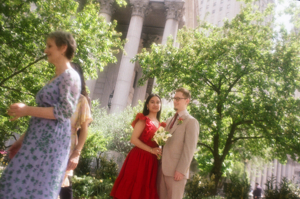 film photo of couple outside of manhattan municipal buildings, stef reyes photo