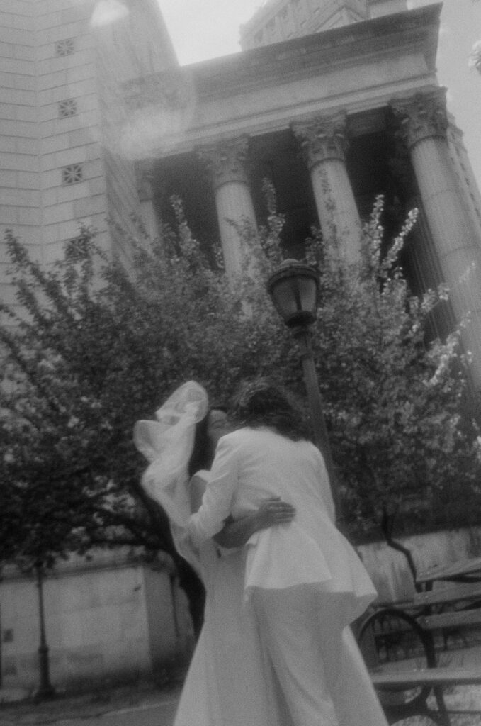 film photo of queer same sex couple outside of manhattan municipal buildings, stef reyes photo